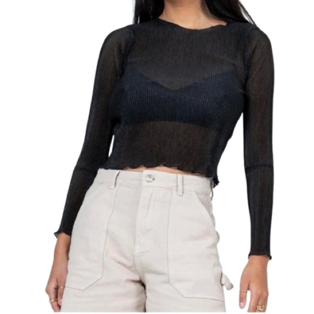 ❤️ 🆕 BLASHE Black Ribbed Long Sleeve metallic Mesh Top size SMALL